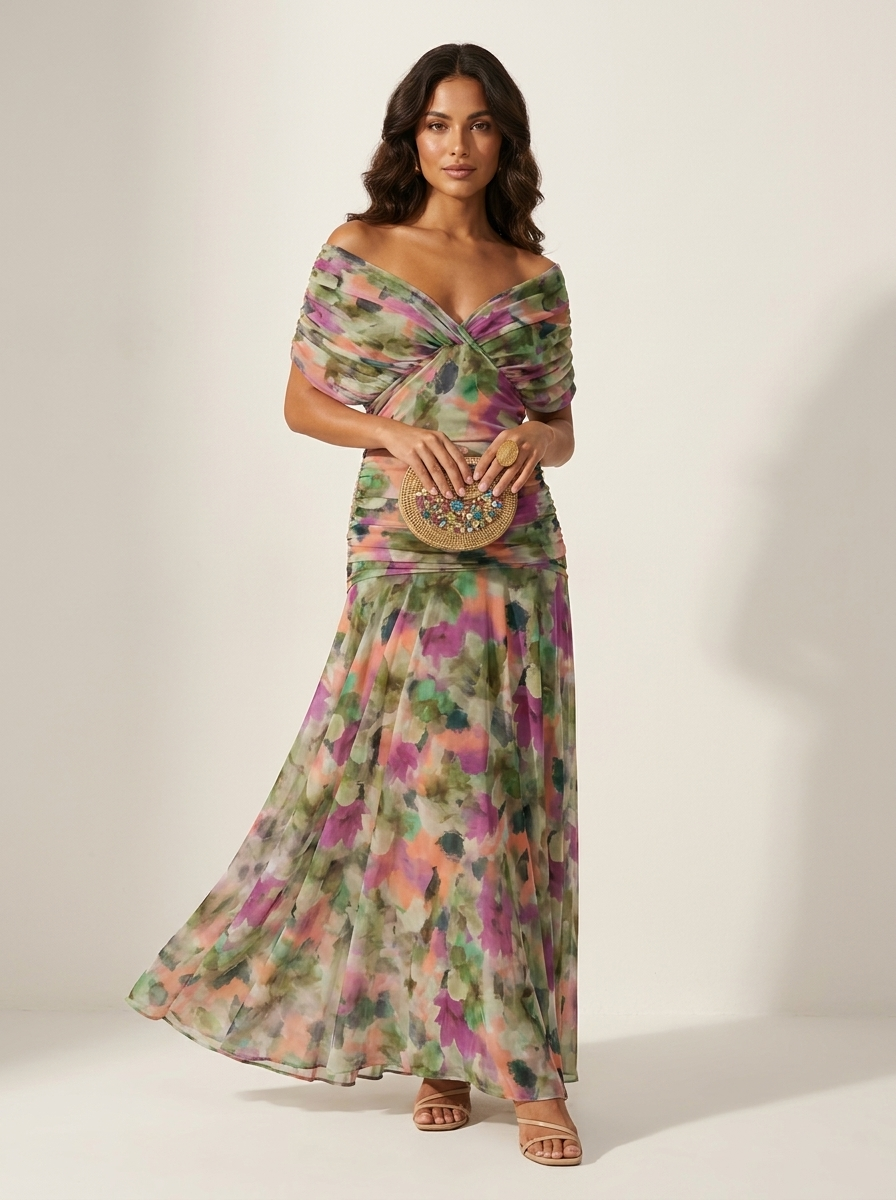 Vestido longo plissado maxi sem alças de noite com corpete estruturado