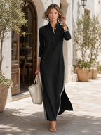 Vestido maxi sweatshirt feminino gola colarinho com acabamento branco minimalista