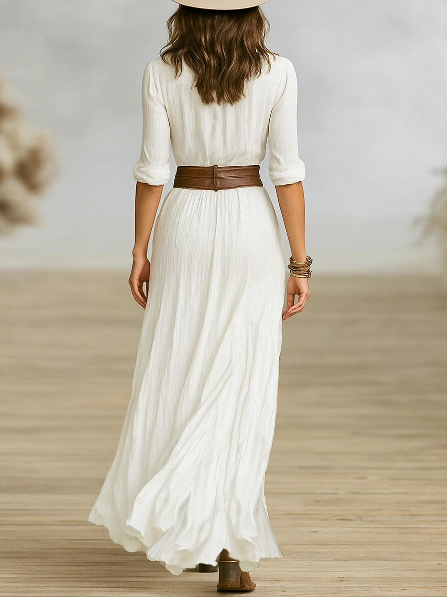 Vestido longo feminino com cinto ajustável e lapelas franzidas