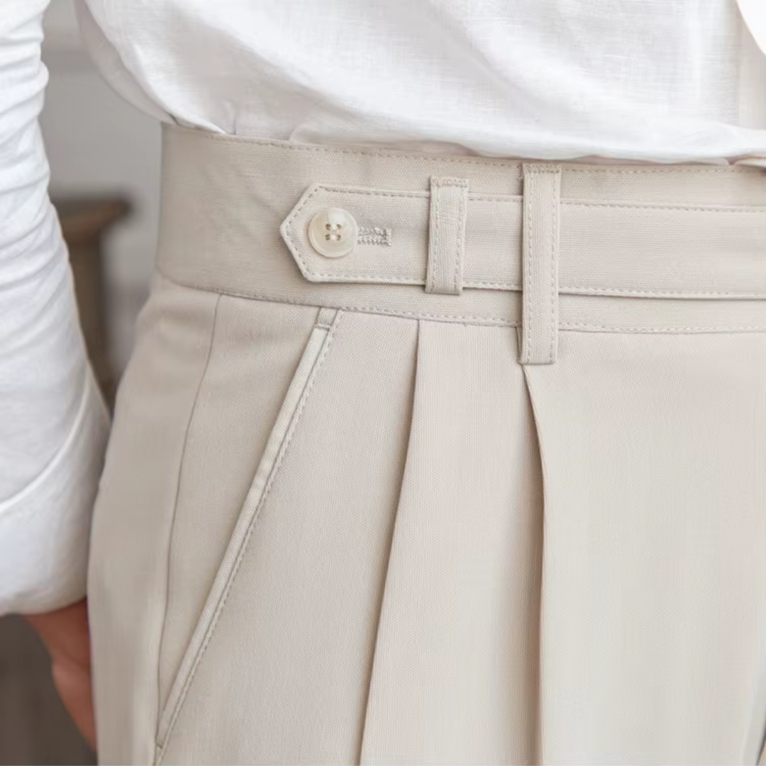 Calças masculinas plissadas cintura alta corte clássico elegante