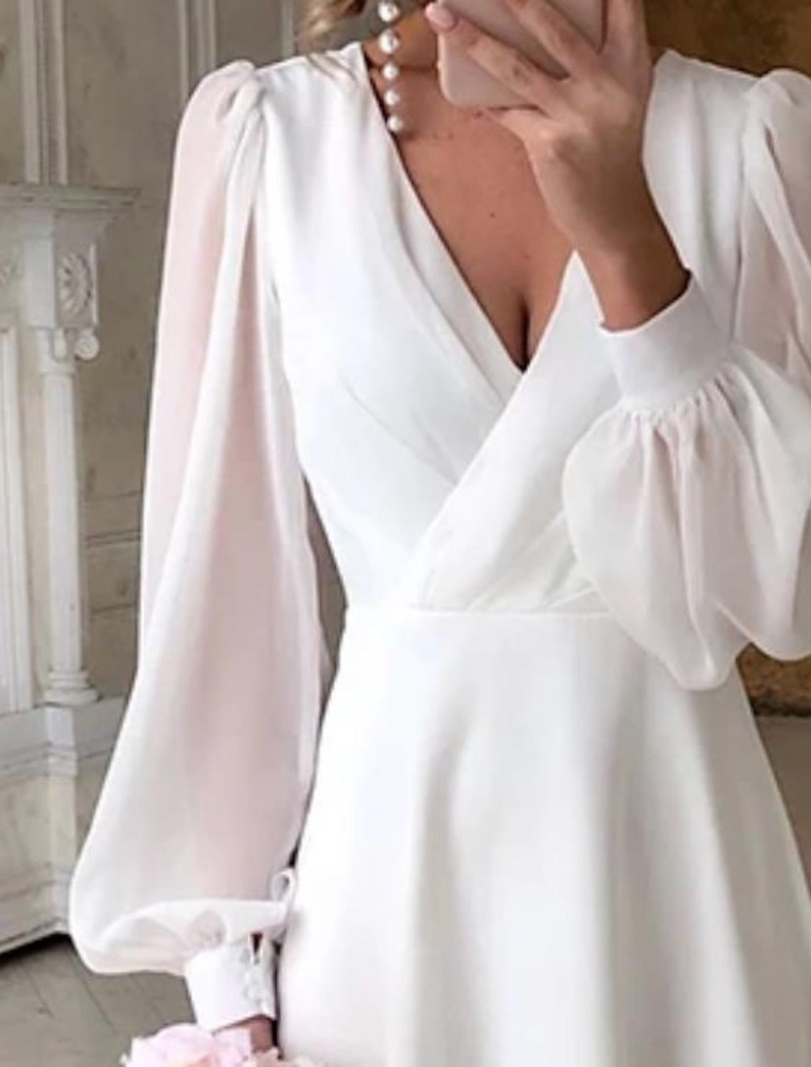 Vestido de noiva feminino manga longa fluido com decote V clássico