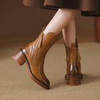 Botins de salto alto femininos em couro com fecho de correr lateral