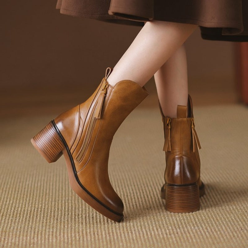 Botins de salto alto femininos em couro com fecho de correr lateral