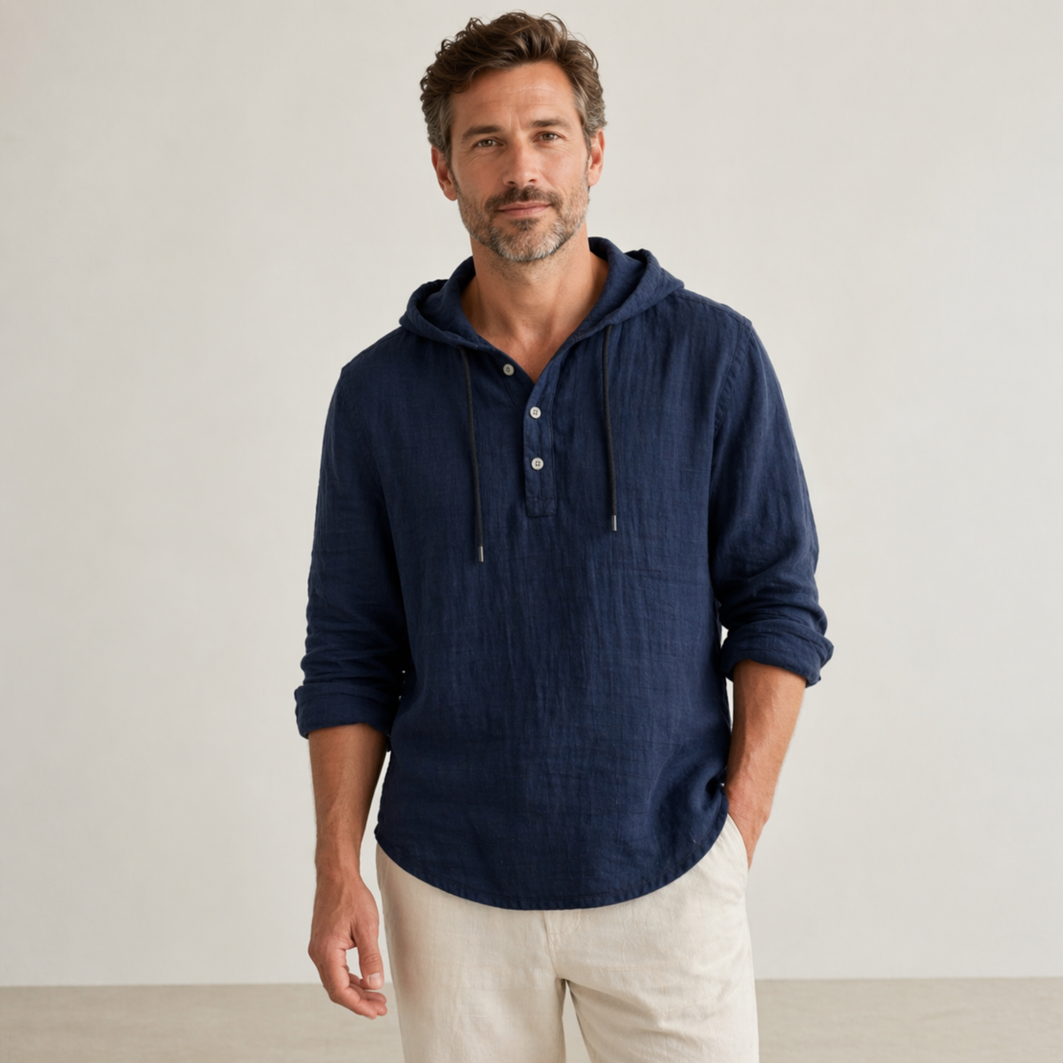 Camisa Henley homem com capuz e manga comprida fit regular casual