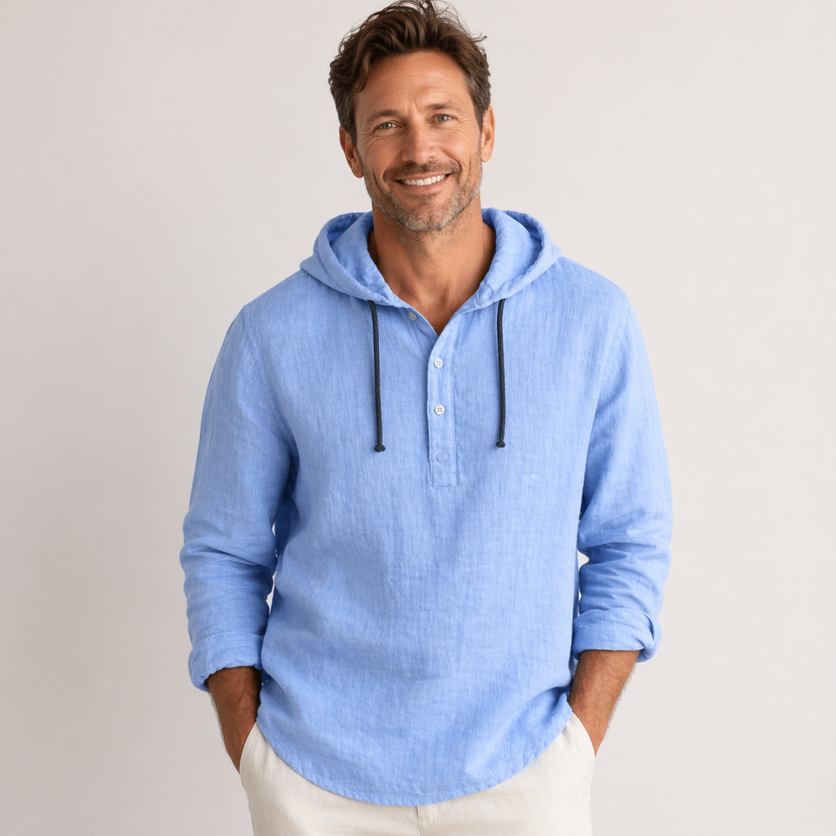 Camisa Henley homem com capuz e manga comprida fit regular casual