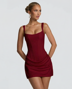Vestido mini feminino decote quadrado saia drapeada com cadarço nas costas