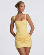 Vestido mini feminino decote quadrado saia drapeada com cadarço nas costas