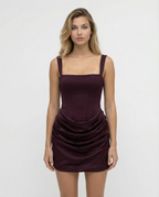 Vestido mini feminino decote quadrado saia drapeada com cadarço nas costas
