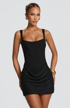 Vestido mini mulher decote quadrado saia drapeada e costas com atacadores