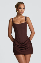 Vestido mini mulher decote quadrado saia drapeada e costas com atacadores