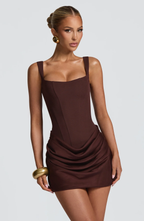 Vestido mini mulher decote quadrado saia drapeada e costas com atacadores