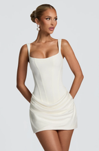 Vestido mini mulher decote quadrado saia drapeada e costas com atacadores