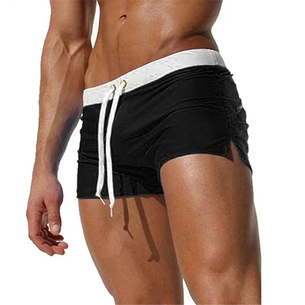 Calção de banho masculino secagem rápida com cós ajustável e fendas laterais
