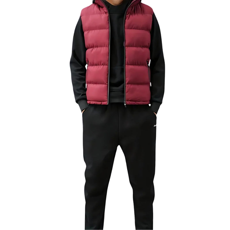 Colete acolchoado masculino sem mangas gola alta com fecho de correr e bolsos