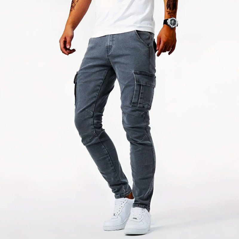 Calças jeans cargo slim fit masculinas com bolsos funcionais e costura reforçada