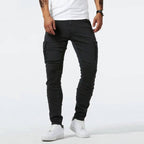 Calças jeans cargo slim fit masculinas com bolsos funcionais e costura reforçada