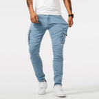 Calças jeans cargo slim fit masculinas com bolsos funcionais e costura reforçada