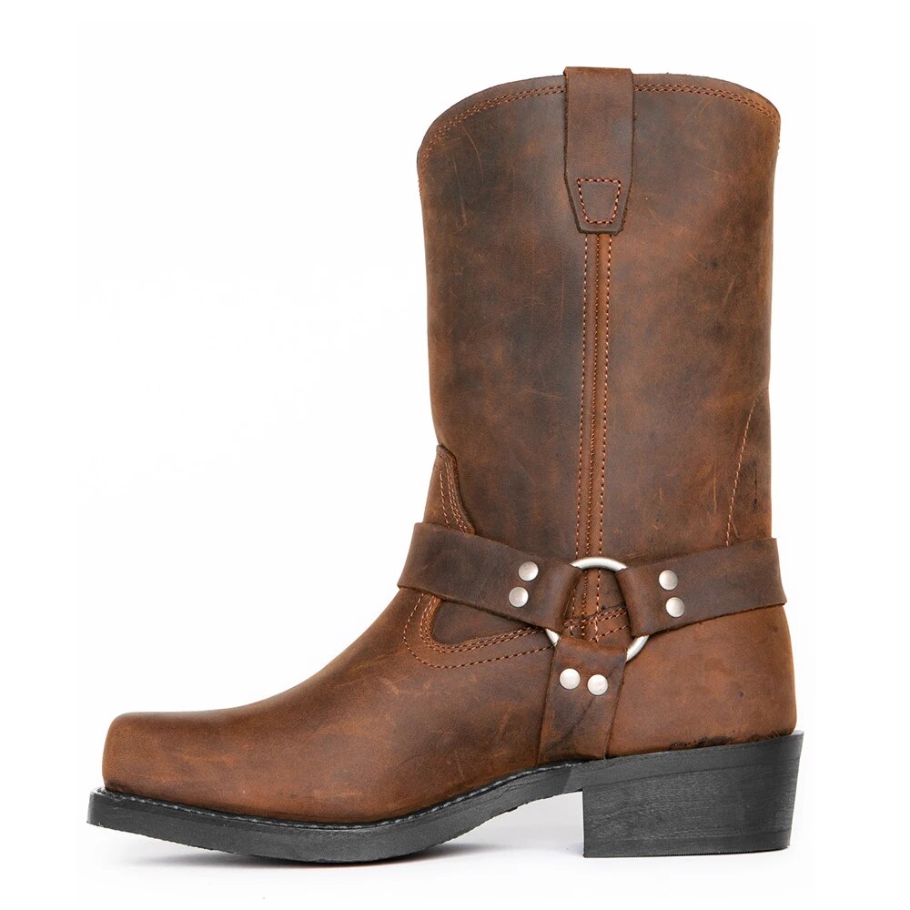 Botas cowboy masculinas couro legítimo cano médio com alça harness