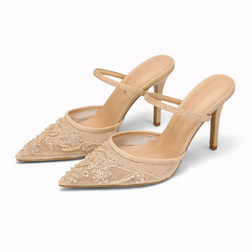 Scarpin mule feminino bordado floral bico fino salto slim
