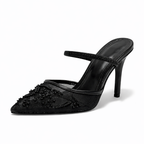 Scarpin mule feminino bordado floral bico fino salto slim