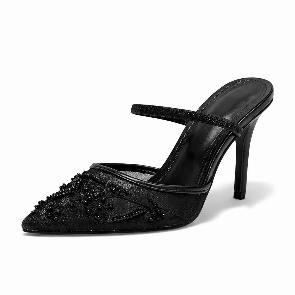 Scarpin mule feminino bordado floral bico fino salto slim