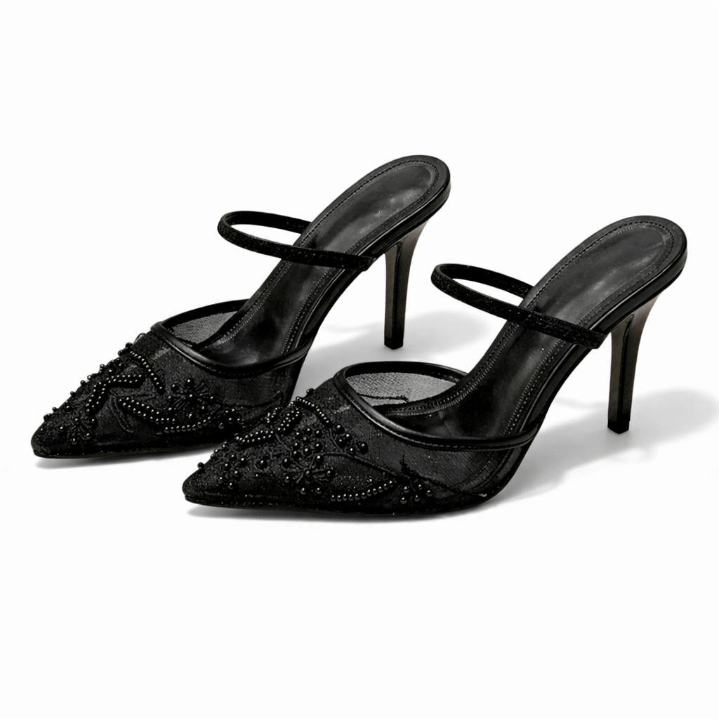 Scarpin mule feminino bordado floral bico fino salto slim