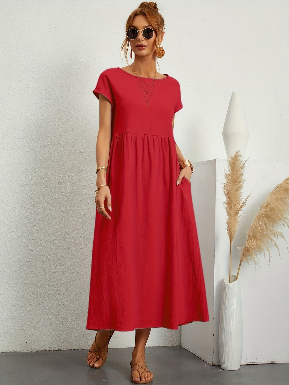 Vestido longo feminino casual com bolsos e mangas curtas