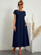 Vestido longo feminino casual com bolsos e mangas curtas