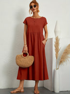Vestido longo feminino casual com bolsos e mangas curtas