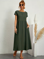 Vestido longo feminino casual com bolsos e mangas curtas