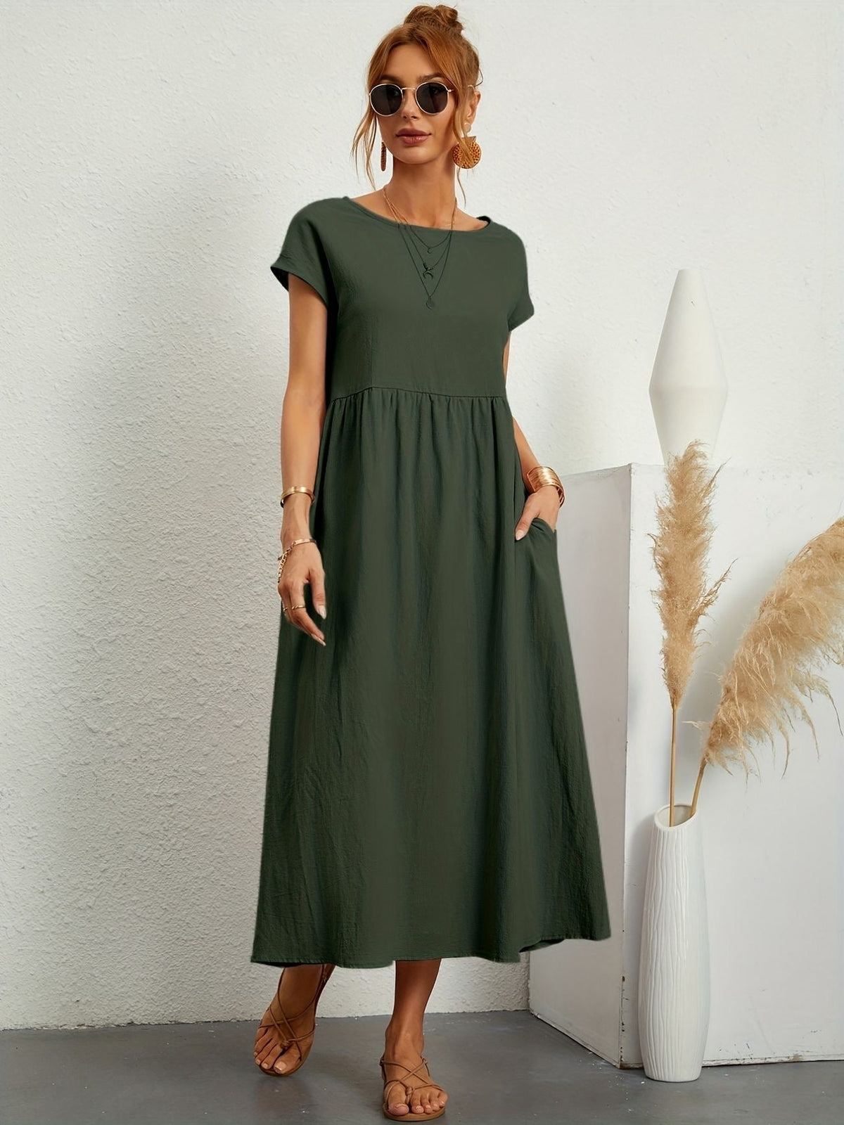 Vestido longo feminino casual com bolsos e mangas curtas