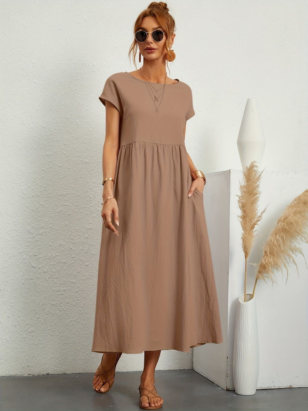 Vestido longo feminino casual com bolsos e mangas curtas