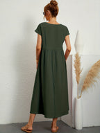 Vestido longo feminino casual com bolsos e mangas curtas