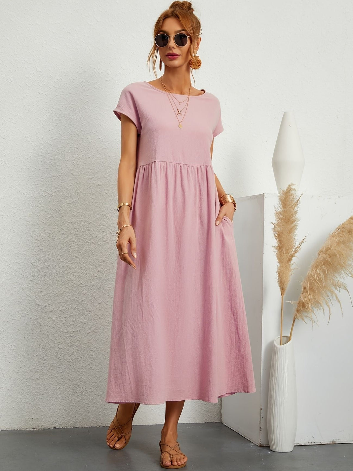 Vestido longo feminino casual com bolsos e mangas curtas