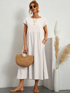 Vestido longo feminino casual com bolsos e mangas curtas