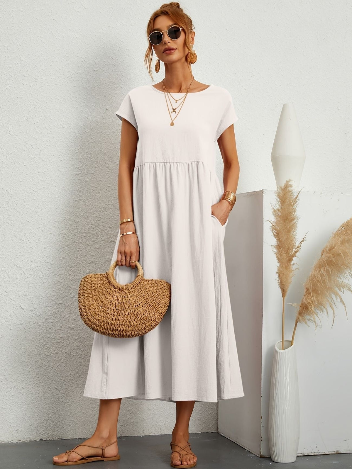 Vestido longo feminino casual com bolsos e mangas curtas