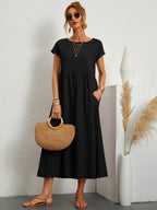 Vestido longo feminino casual com bolsos e mangas curtas