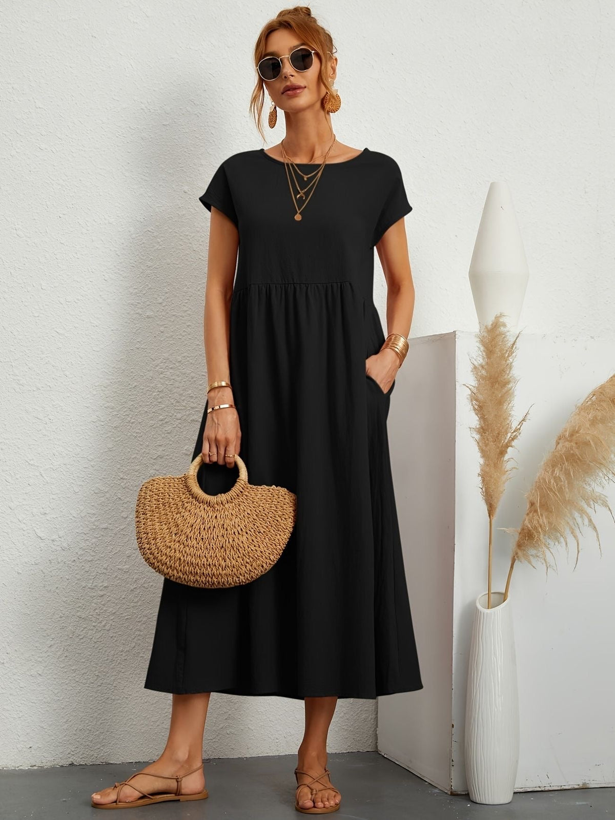 Vestido longo feminino casual com bolsos e mangas curtas