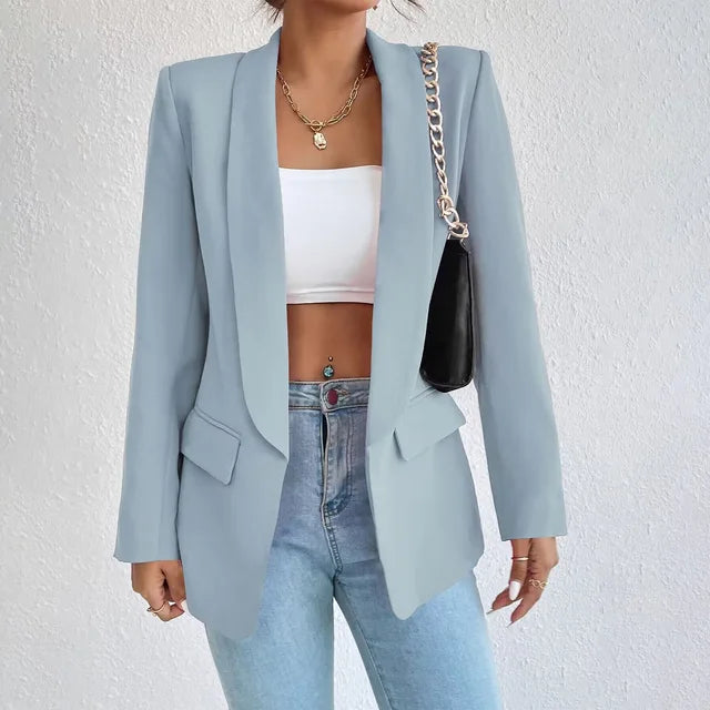 Blazer feminino estruturado gola lapela botão simples ombros estruturados