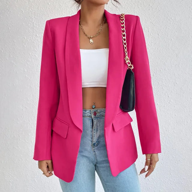 Blazer feminino estruturado gola lapela botão simples ombros estruturados