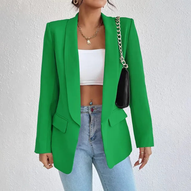 Blazer feminino estruturado gola lapela botão simples ombros estruturados
