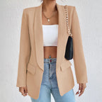 Blazer feminino estruturado gola lapela botão simples ombros estruturados