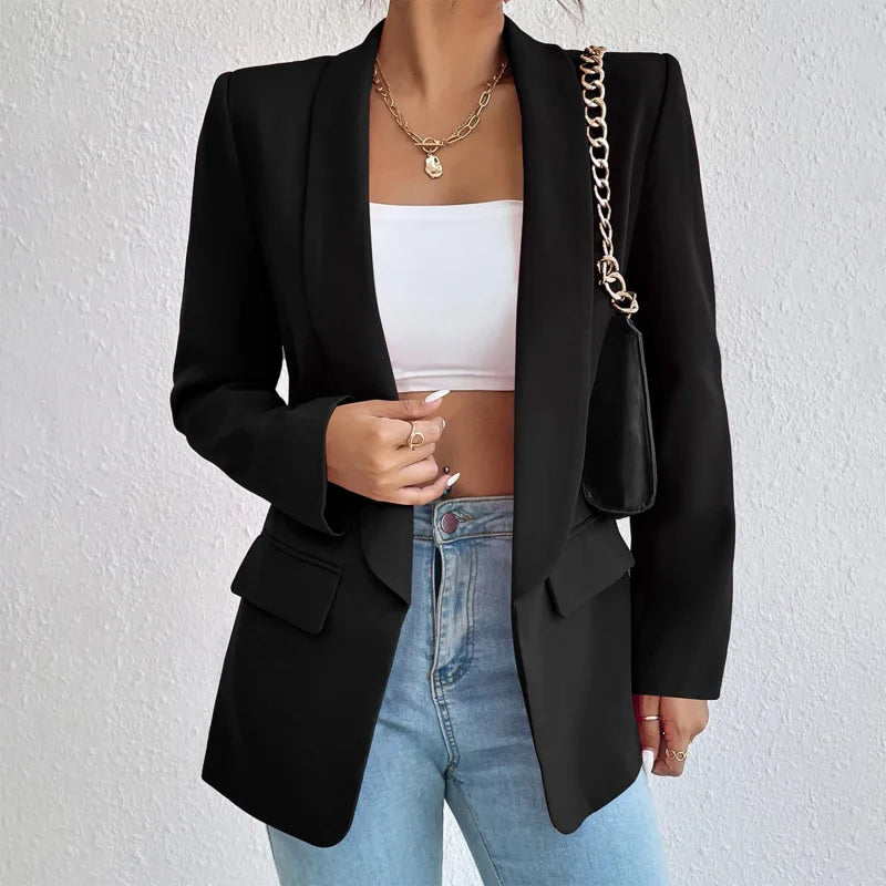 Blazer feminino estruturado gola lapela botão simples ombros estruturados