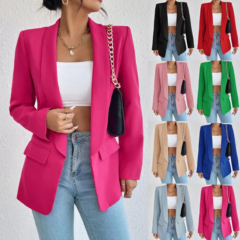 Blazer feminino estruturado gola lapela botão simples ombros estruturados