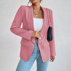 Blazer feminino estruturado gola lapela botão simples ombros estruturados