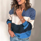 Camisola feminina de tricot com riscas modernas, corte descontraído e quente