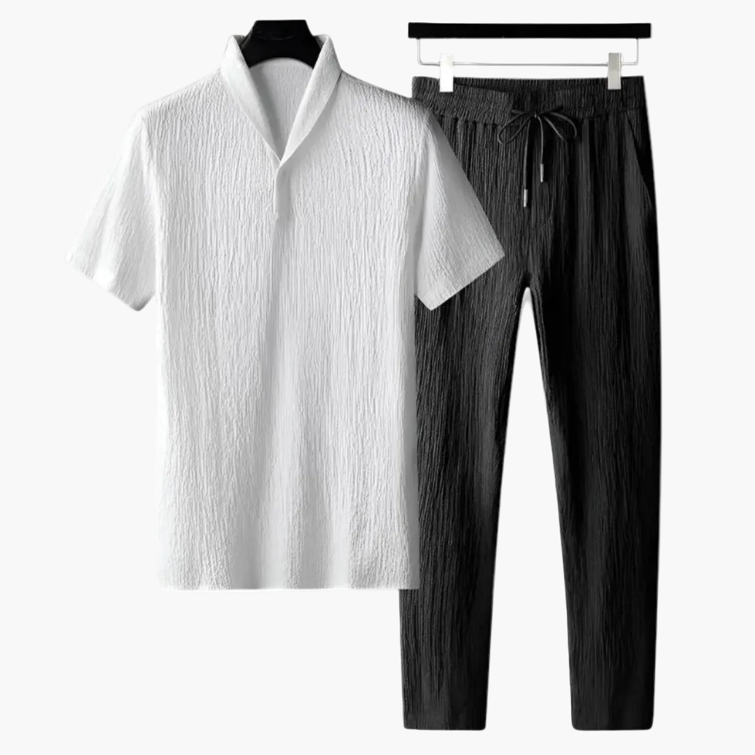 Conjunto masculino de algodão camisa e calças estilo casual coordenado