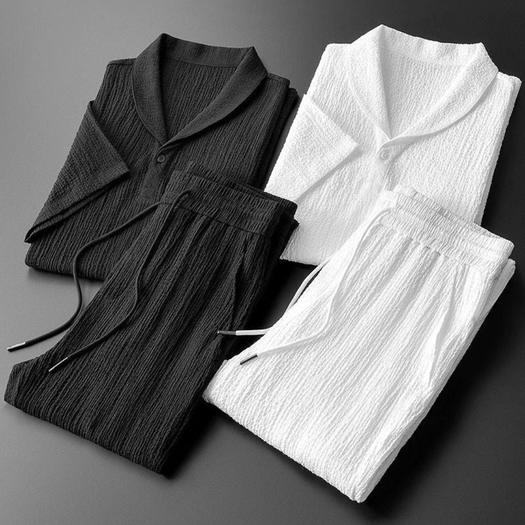 Conjunto masculino de algodão camisa e calças estilo casual coordenado
