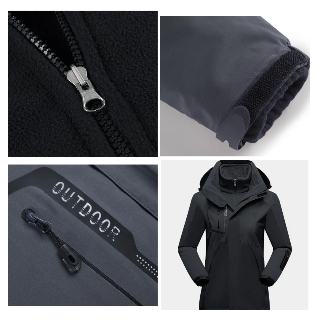 Casaco outdoor 3 em 1 para mulher, impermeável com forro fleece e capuz amovível