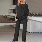 Conjunto feminino dois peças off-shoulder com calça ajustada em cores vibrantes
